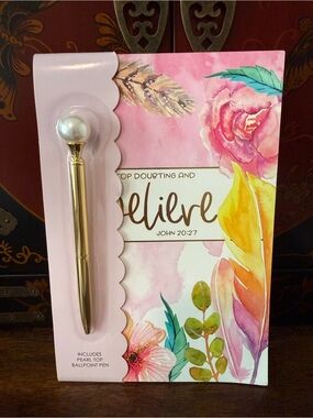 Pink Floral 'Believe' Notebook with Gold Pearl-Top Ballpoint Pen- NWT